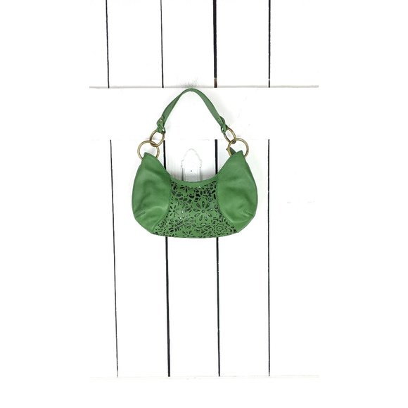 Via Spiga Handbags - Via Spiga green leather laser floral cut brass chain shoulder purse